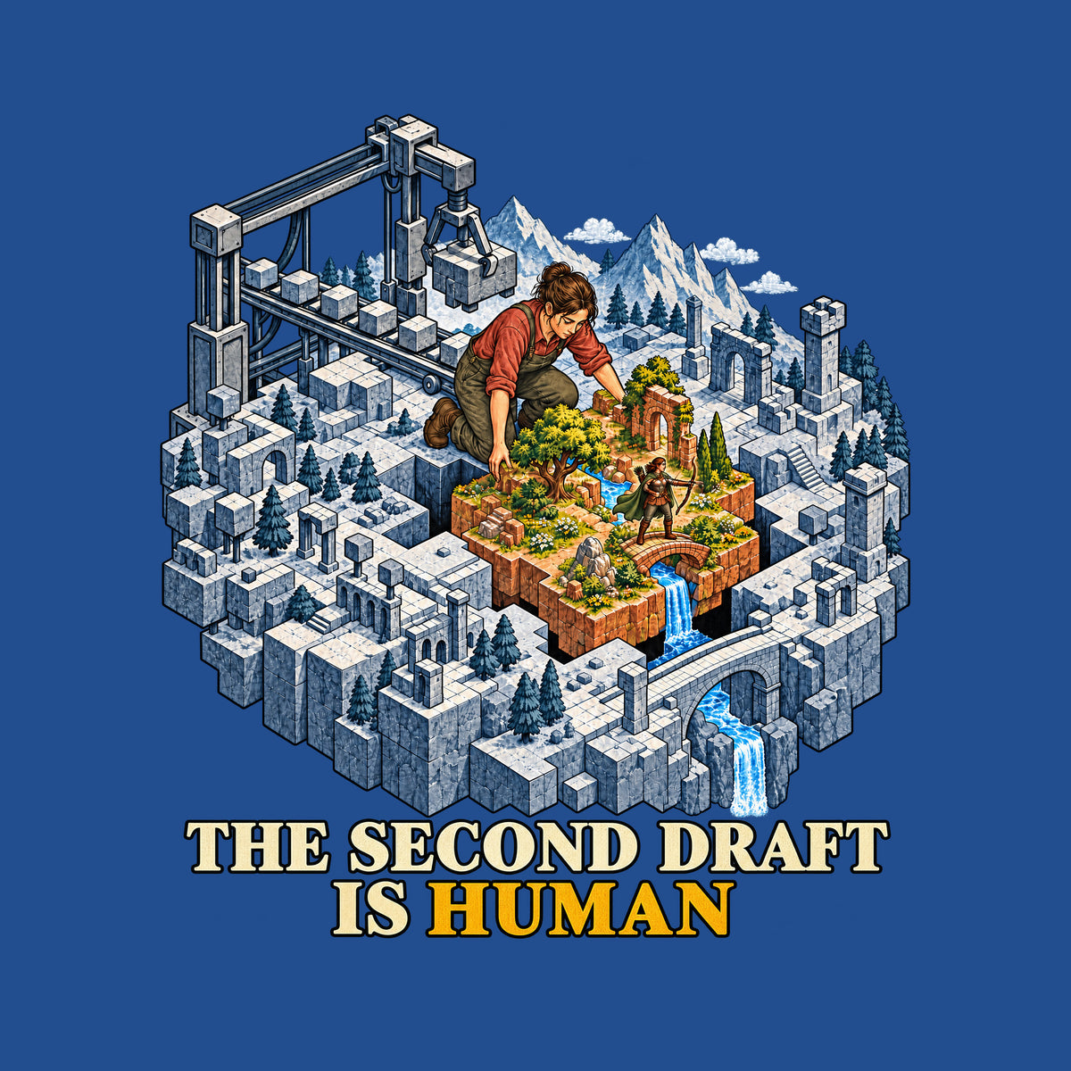 Isometric art: a gray machine-built fantasy world with a gantry crane, and a kneeling woman installing a living patch of trees, flowers, a stream, bridge and waterfall, with a small archer inside. Text reads THE SECOND DRAFT IS HUMAN, HUMAN in red. Artwork shown on the Royal garment colour.