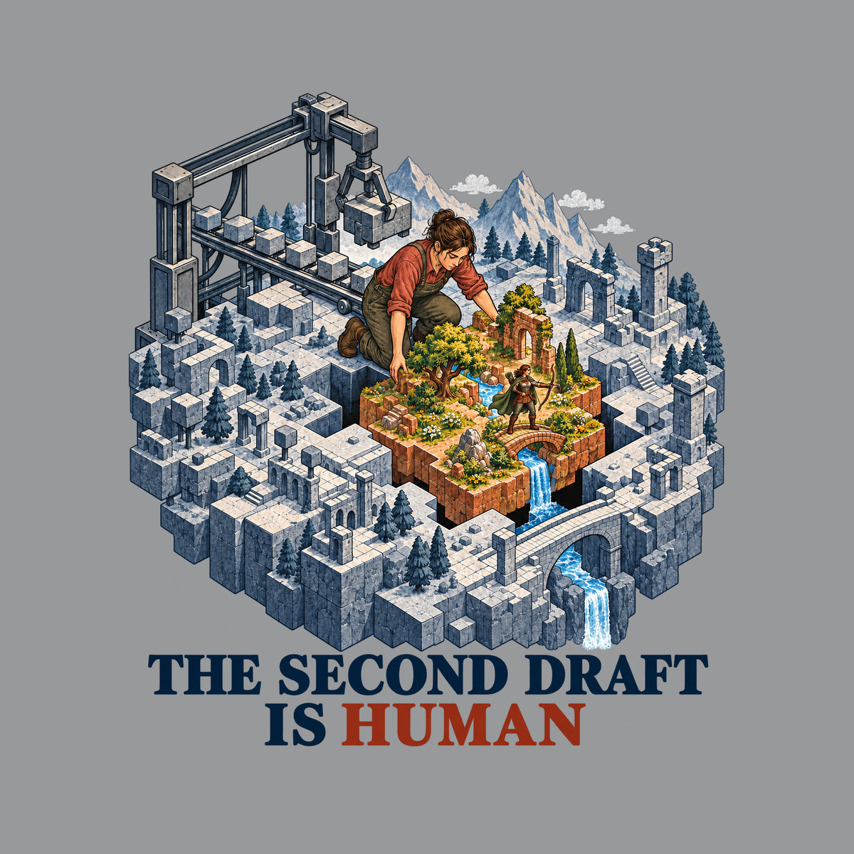 Isometric art: a gray machine-built fantasy world with a gantry crane, and a kneeling woman installing a living patch of trees, flowers, a stream, bridge and waterfall, with a small archer inside. Text reads THE SECOND DRAFT IS HUMAN, HUMAN in red. Artwork shown on the Sport Grey garment colour.