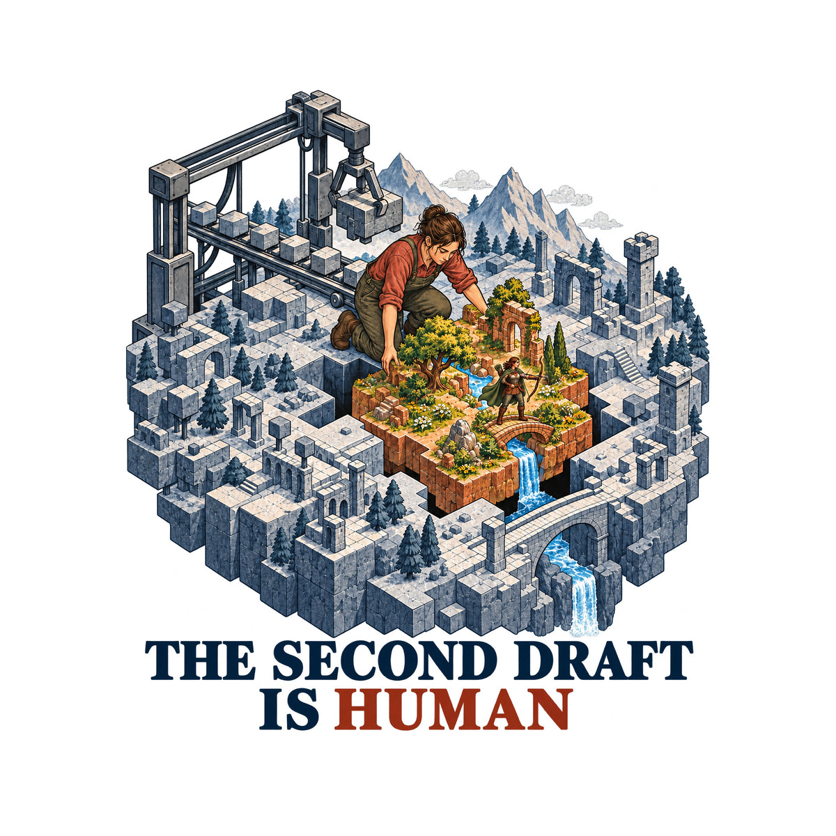Isometric art: a gray machine-built fantasy world with a gantry crane, and a kneeling woman installing a living patch of trees, flowers, a stream, bridge and waterfall, with a small archer inside. Text reads THE SECOND DRAFT IS HUMAN, HUMAN in red. Artwork shown on the White garment colour.