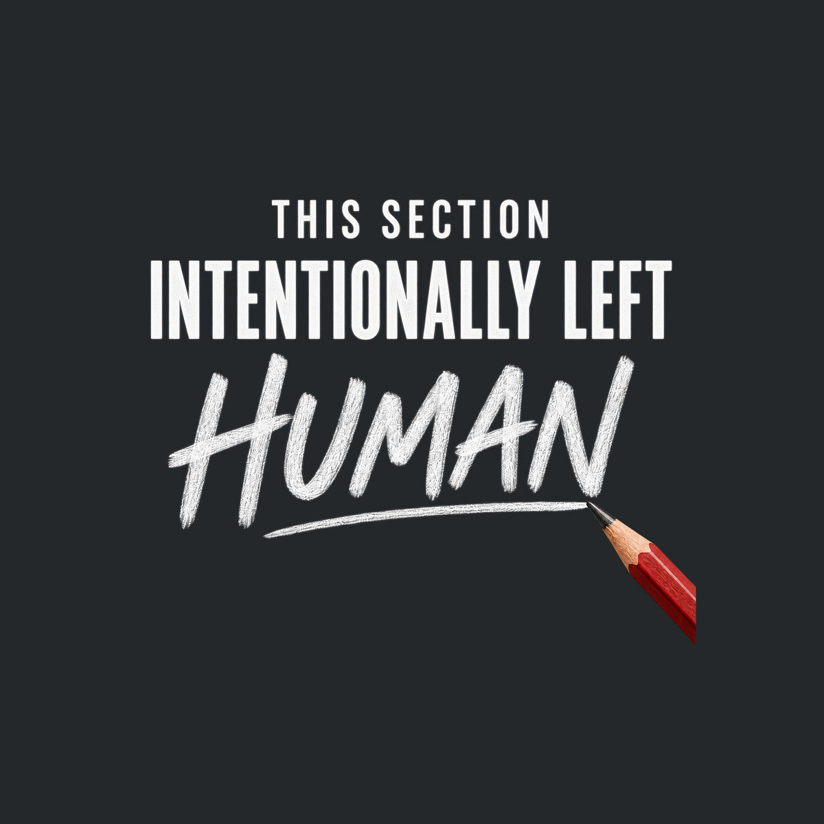 Square graphic reading THIS SECTION in small uppercase letters, INTENTIONALLY LEFT in bold uppercase, and HUMAN in large hand-drawn pencil script, with a red pencil touching the final stroke, on an ivory background. Artwork shown on the Black garment colour.
