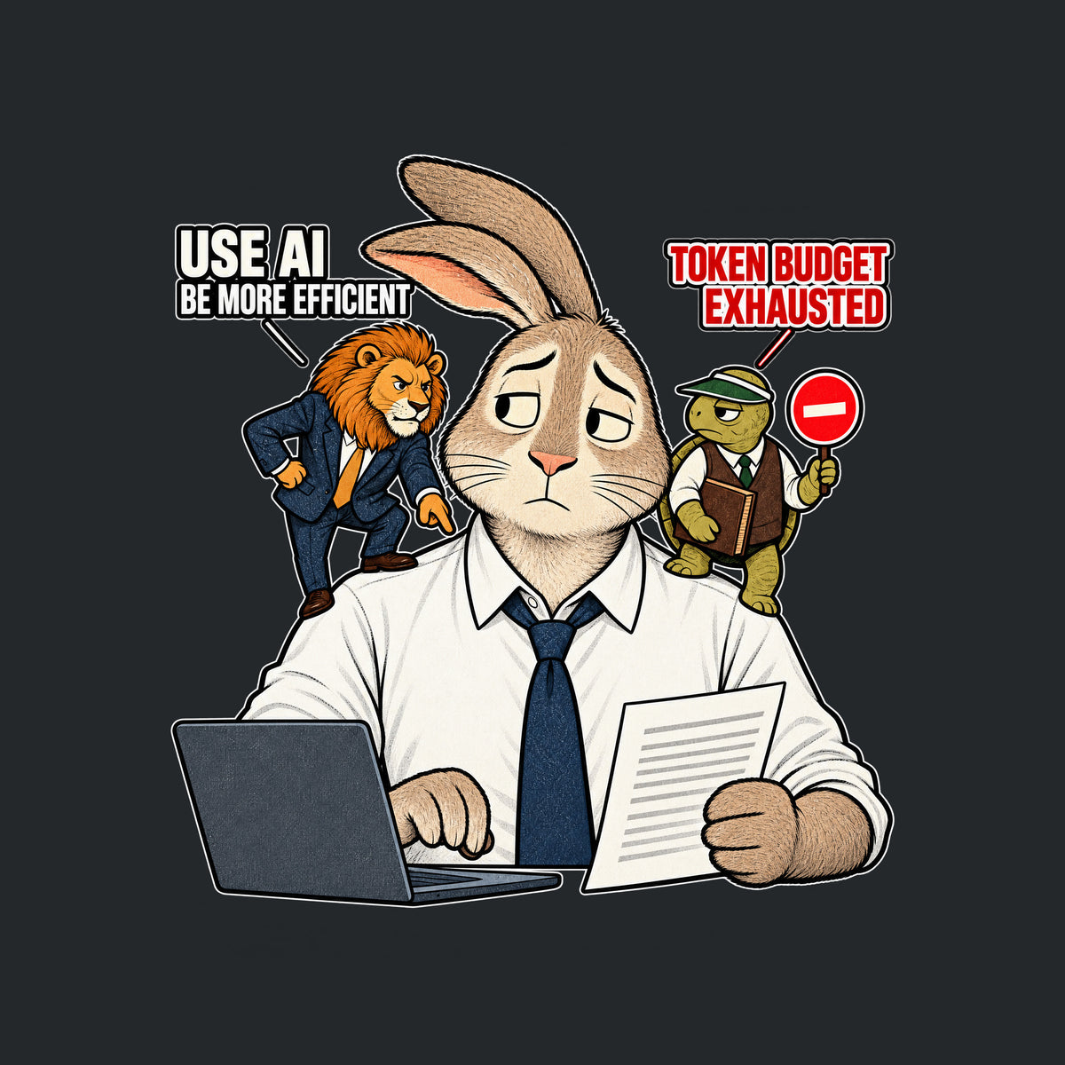 A rabbit office worker at a laptop, one paw on the keys, the other holding a document. A suited lion on one shoulder says 'USE AI, BE MORE EFFICIENT'; a vested tortoise on the other holds a stop sign reading 'TOKEN BUDGET EXHAUSTED.' Artwork shown on the Black garment colour.