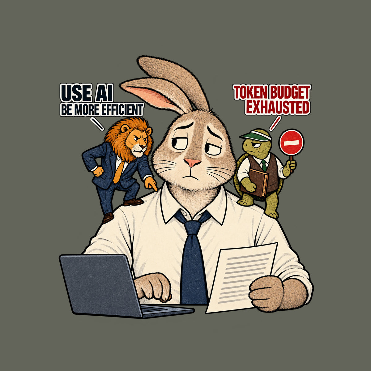 A rabbit office worker at a laptop, one paw on the keys, the other holding a document. A suited lion on one shoulder says 'USE AI, BE MORE EFFICIENT'; a vested tortoise on the other holds a stop sign reading 'TOKEN BUDGET EXHAUSTED.' Artwork shown on the Military Green garment colour.