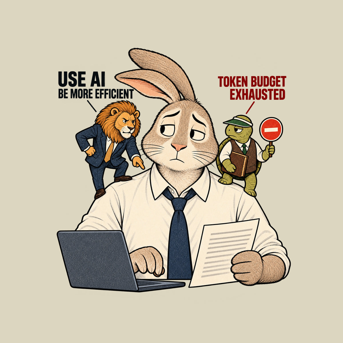 A rabbit office worker at a laptop, one paw on the keys, the other holding a document. A suited lion on one shoulder says 'USE AI, BE MORE EFFICIENT'; a vested tortoise on the other holds a stop sign reading 'TOKEN BUDGET EXHAUSTED.' Artwork shown on the Natural garment colour.