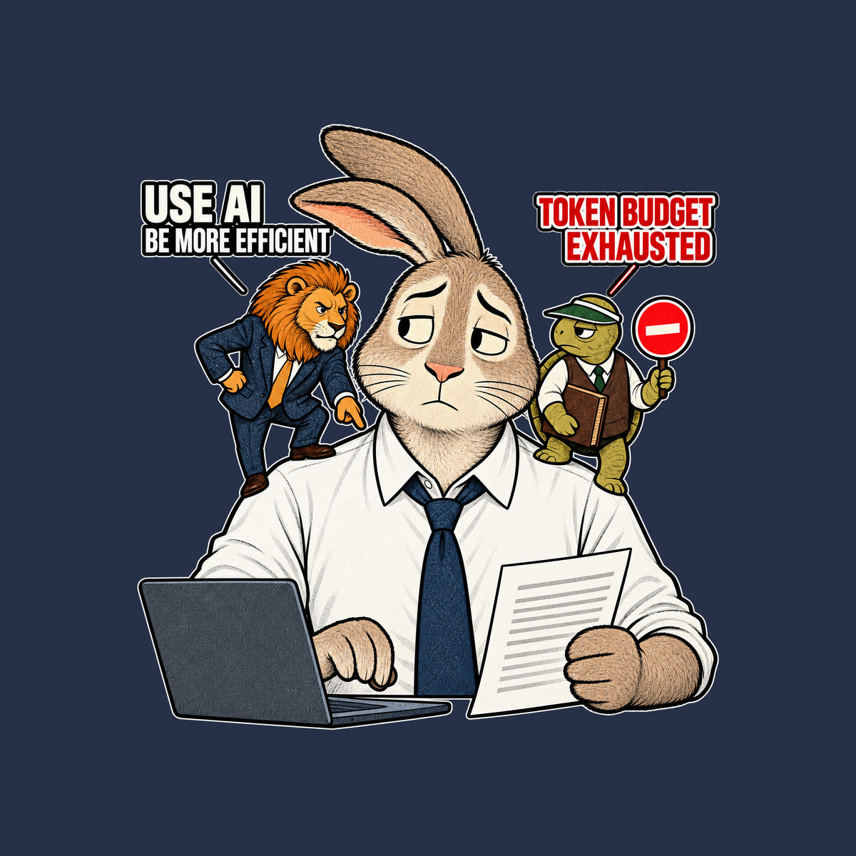 A rabbit office worker at a laptop, one paw on the keys, the other holding a document. A suited lion on one shoulder says 'USE AI, BE MORE EFFICIENT'; a vested tortoise on the other holds a stop sign reading 'TOKEN BUDGET EXHAUSTED.' Artwork shown on the Navy garment colour.