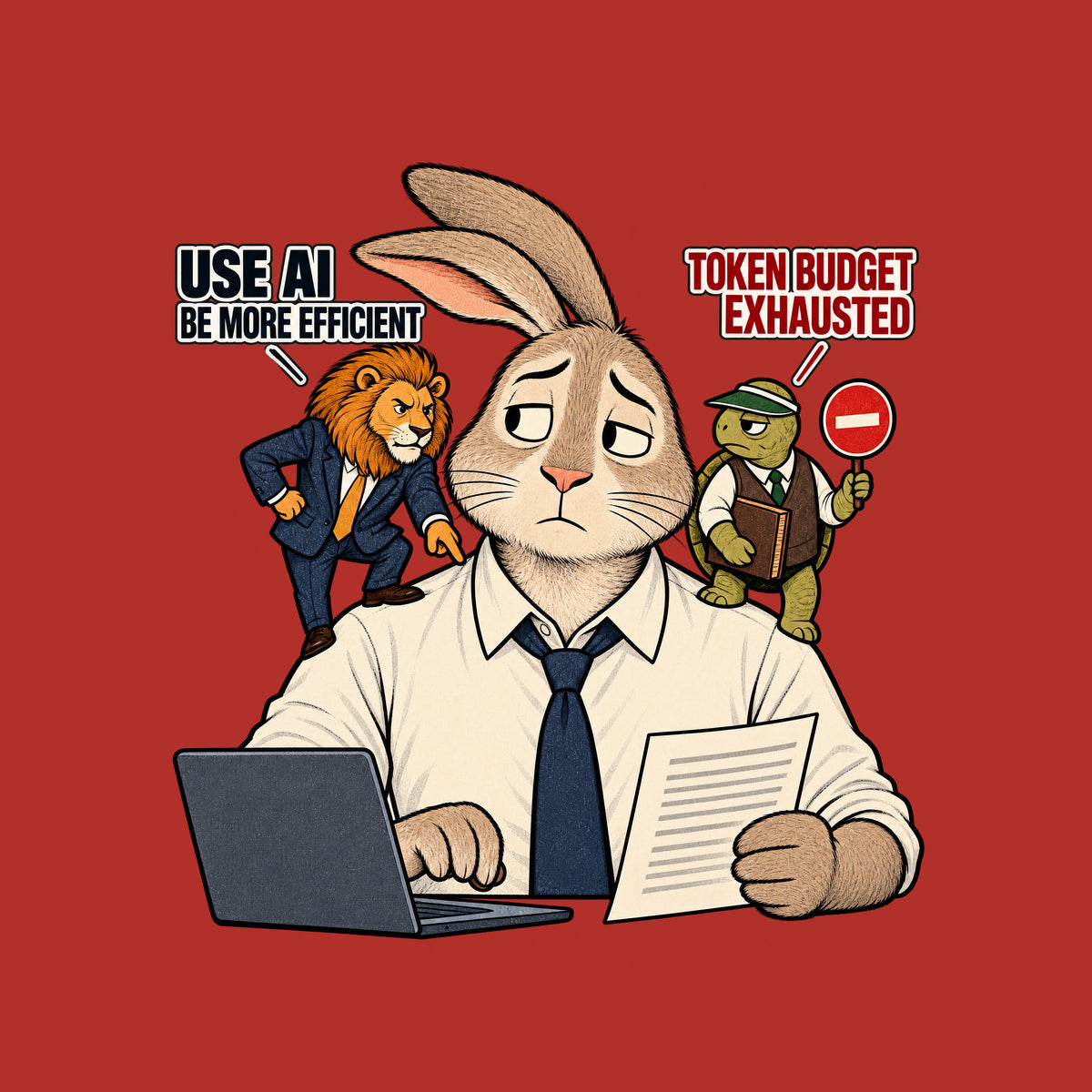 A rabbit office worker at a laptop, one paw on the keys, the other holding a document. A suited lion on one shoulder says 'USE AI, BE MORE EFFICIENT'; a vested tortoise on the other holds a stop sign reading 'TOKEN BUDGET EXHAUSTED.' Artwork shown on the Red garment colour.