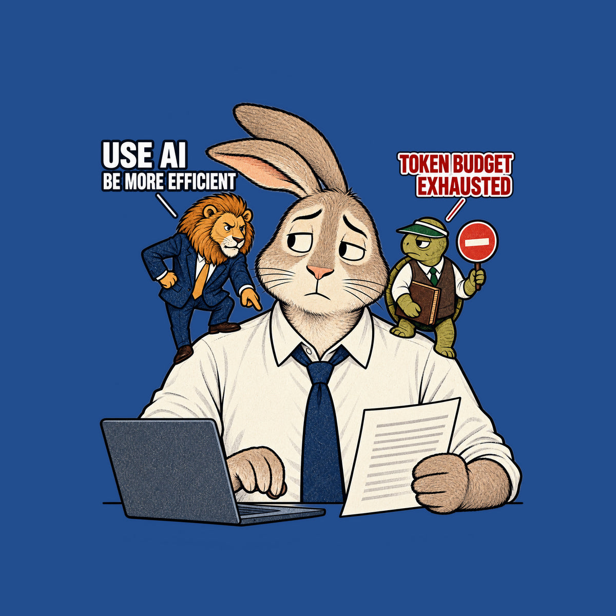 A rabbit office worker at a laptop, one paw on the keys, the other holding a document. A suited lion on one shoulder says 'USE AI, BE MORE EFFICIENT'; a vested tortoise on the other holds a stop sign reading 'TOKEN BUDGET EXHAUSTED.' Artwork shown on the Royal garment colour.