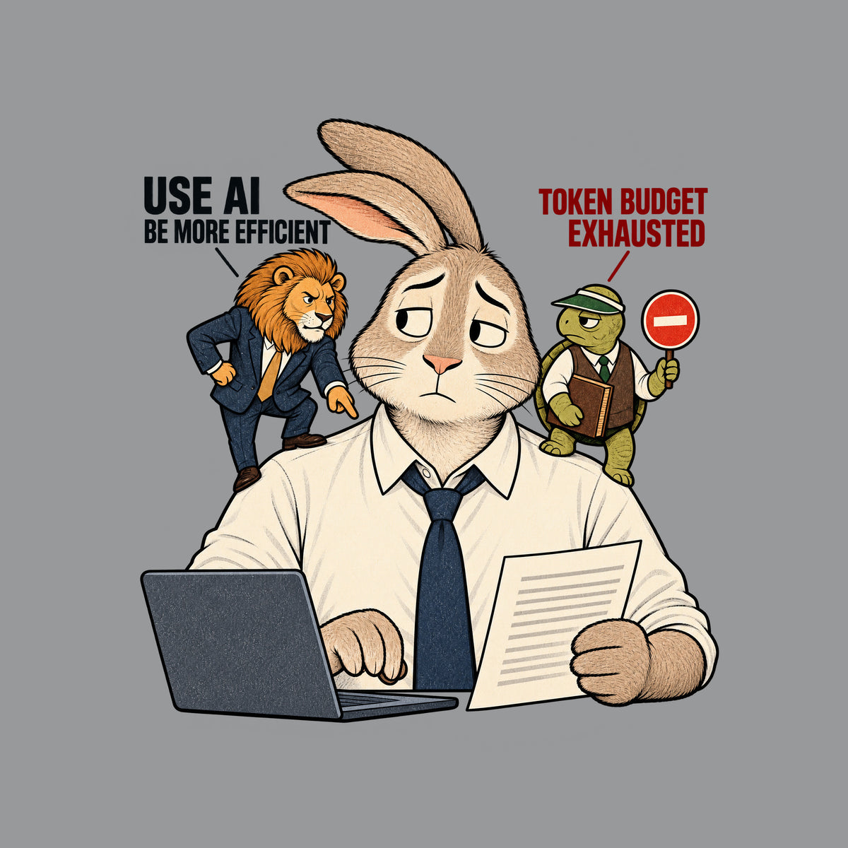 A rabbit office worker at a laptop, one paw on the keys, the other holding a document. A suited lion on one shoulder says 'USE AI, BE MORE EFFICIENT'; a vested tortoise on the other holds a stop sign reading 'TOKEN BUDGET EXHAUSTED.' Artwork shown on the Sport Grey garment colour.