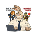 A rabbit office worker at a laptop, one paw on the keys, the other holding a document. A suited lion on one shoulder says 'USE AI, BE MORE EFFICIENT'; a vested tortoise on the other holds a stop sign reading 'TOKEN BUDGET EXHAUSTED.' Artwork shown on the White garment colour.