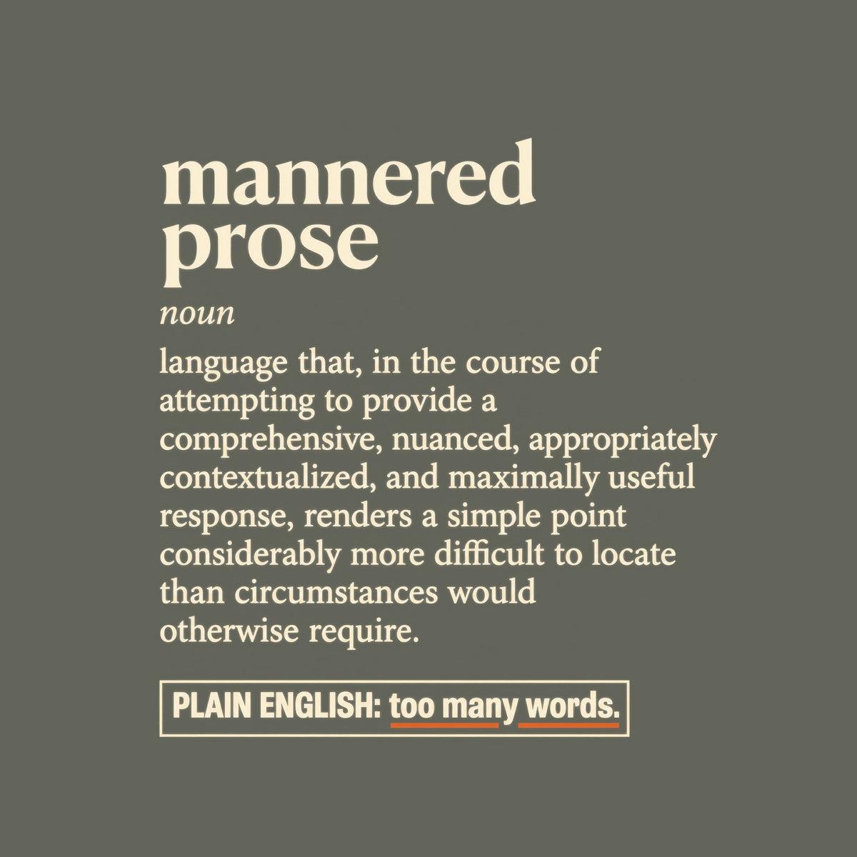 Cream dictionary-entry print reading "mannered prose," noun, followed by a long, over-elaborate definition, and a boxed line below: "PLAIN ENGLISH: too many words." with a rust-orange underline. Artwork shown on the Military Green garment colour.