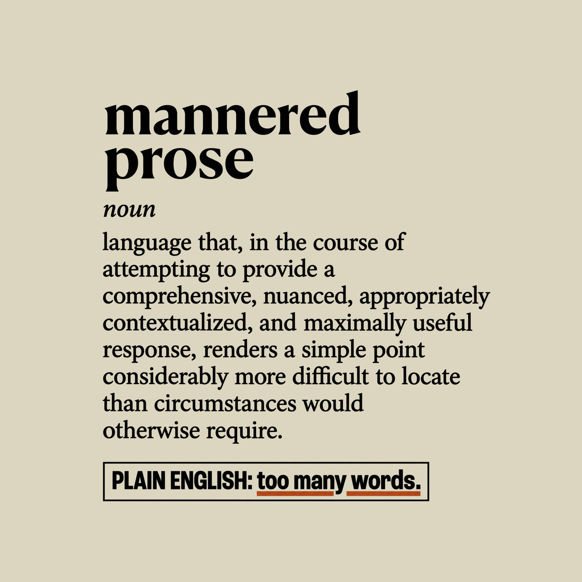 Cream dictionary-entry print reading "mannered prose," noun, followed by a long, over-elaborate definition, and a boxed line below: "PLAIN ENGLISH: too many words." with a rust-orange underline. Artwork shown on the Natural garment colour.