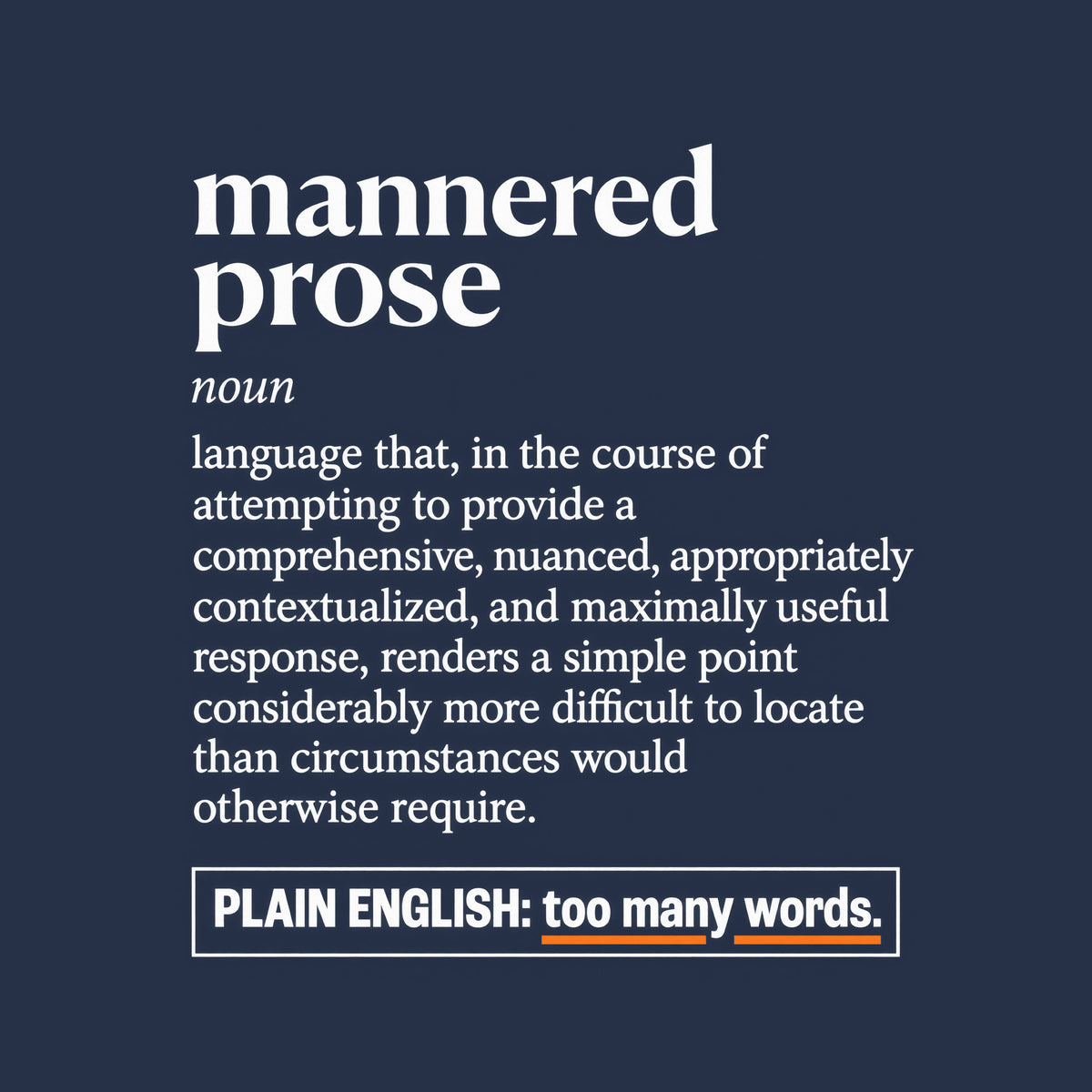 Cream dictionary-entry print reading "mannered prose," noun, followed by a long, over-elaborate definition, and a boxed line below: "PLAIN ENGLISH: too many words." with a rust-orange underline. Artwork shown on the Navy garment colour.