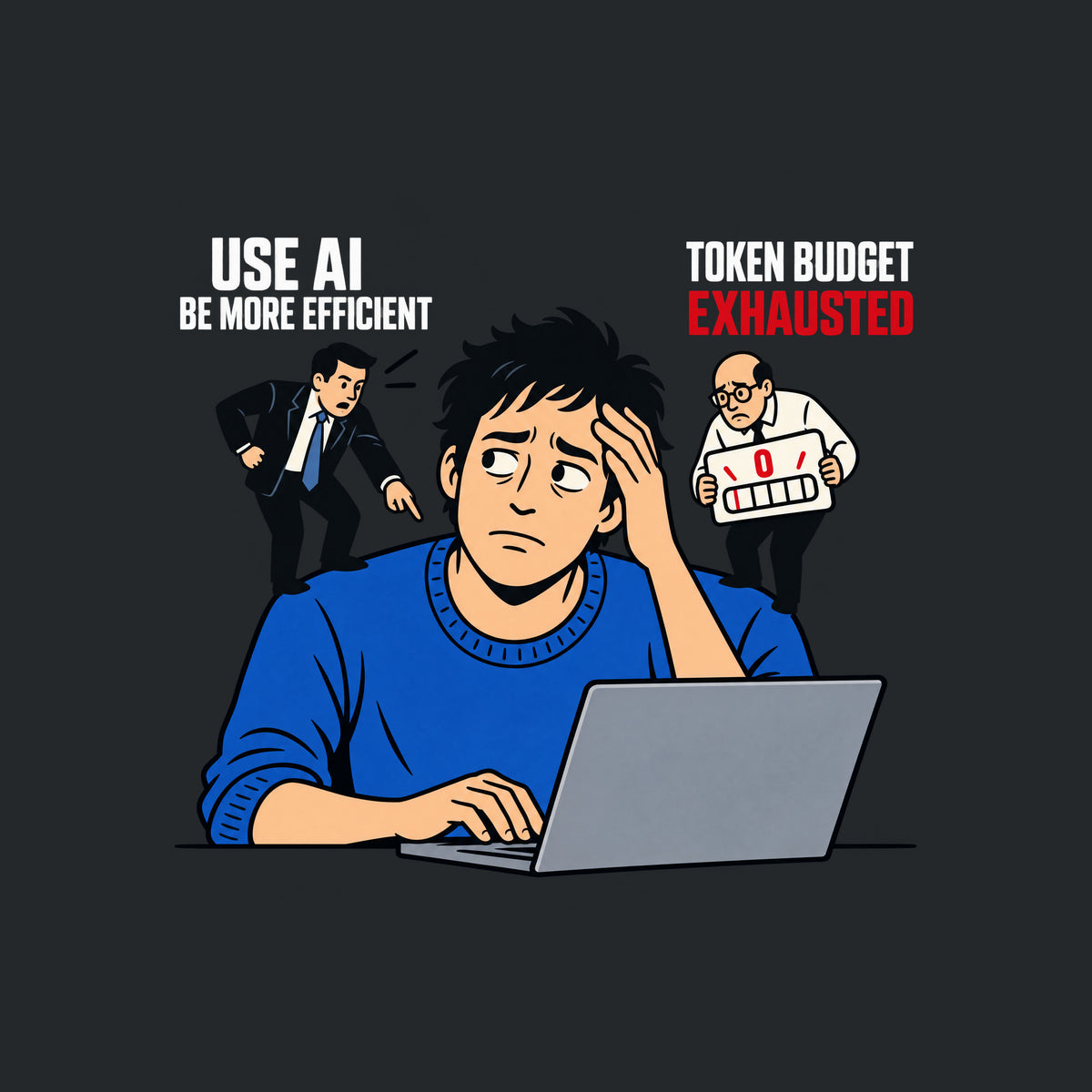 Illustration of a weary worker at a laptop, hand on keyboard, hand on forehead, flanked by two figures: one pointing, labeled USE AI / BE MORE EFFICIENT; the other holding a zero gauge labeled TOKEN BUDGET / EXHAUSTED. Artwork shown on the Black garment colour.