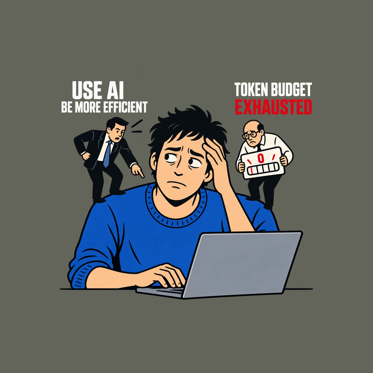 Illustration of a weary worker at a laptop, hand on keyboard, hand on forehead, flanked by two figures: one pointing, labeled USE AI / BE MORE EFFICIENT; the other holding a zero gauge labeled TOKEN BUDGET / EXHAUSTED. Artwork shown on the Military Green garment colour.