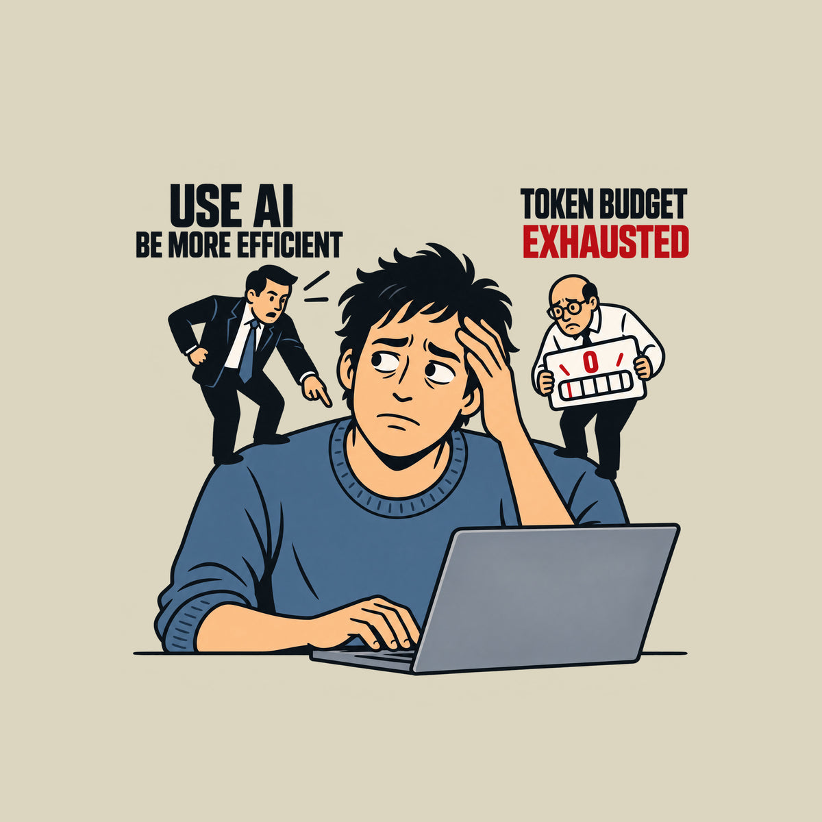 Illustration of a weary worker at a laptop, hand on keyboard, hand on forehead, flanked by two figures: one pointing, labeled USE AI / BE MORE EFFICIENT; the other holding a zero gauge labeled TOKEN BUDGET / EXHAUSTED. Artwork shown on the Natural garment colour.
