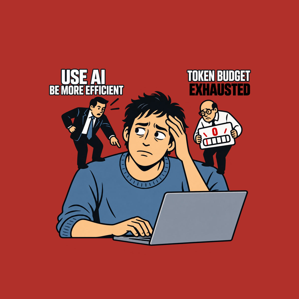 Illustration of a weary worker at a laptop, hand on keyboard, hand on forehead, flanked by two figures: one pointing, labeled USE AI / BE MORE EFFICIENT; the other holding a zero gauge labeled TOKEN BUDGET / EXHAUSTED. Artwork shown on the Red garment colour.