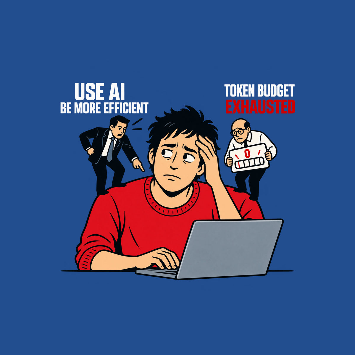 Illustration of a weary worker at a laptop, hand on keyboard, hand on forehead, flanked by two figures: one pointing, labeled USE AI / BE MORE EFFICIENT; the other holding a zero gauge labeled TOKEN BUDGET / EXHAUSTED. Artwork shown on the Royal garment colour.