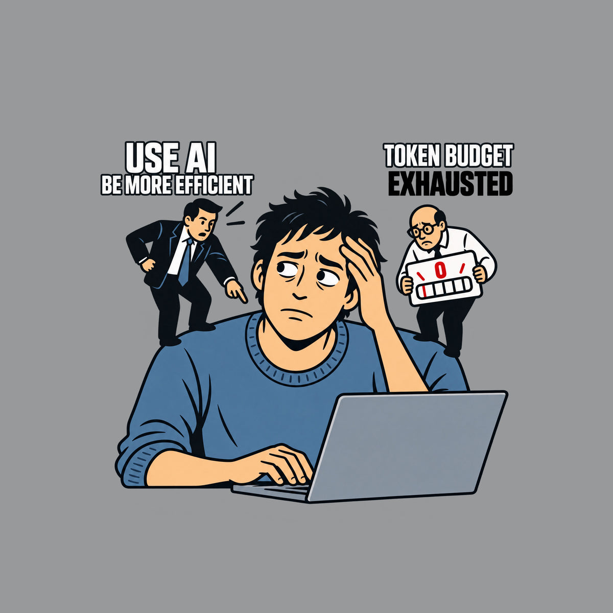 Illustration of a weary worker at a laptop, hand on keyboard, hand on forehead, flanked by two figures: one pointing, labeled USE AI / BE MORE EFFICIENT; the other holding a zero gauge labeled TOKEN BUDGET / EXHAUSTED. Artwork shown on the Sport Grey garment colour.