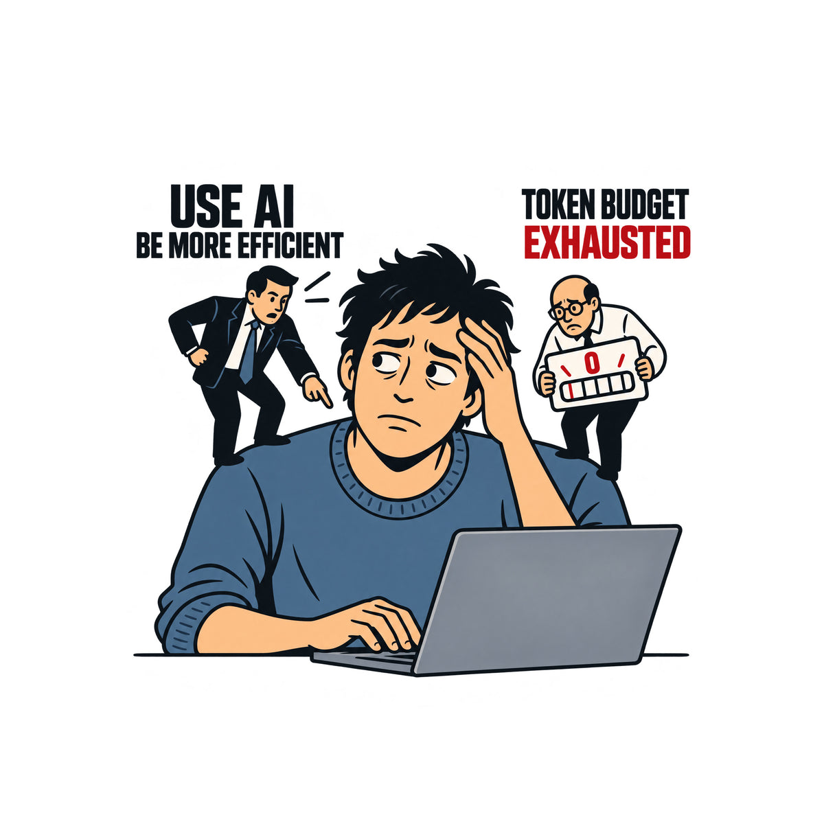 Illustration of a weary worker at a laptop, hand on keyboard, hand on forehead, flanked by two figures: one pointing, labeled USE AI / BE MORE EFFICIENT; the other holding a zero gauge labeled TOKEN BUDGET / EXHAUSTED. Artwork shown on the White garment colour.
