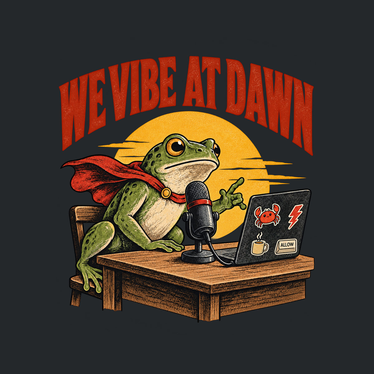 Illustrated frog wearing a red cape sits at a wooden desk before a microphone, one hand raised, beside a laptop with crab, lightning bolt, coffee mug and ALLOW stickers, under a yellow dawn sun and the arched red headline WE VIBE AT DAWN. Artwork shown on the Black garment colour.
