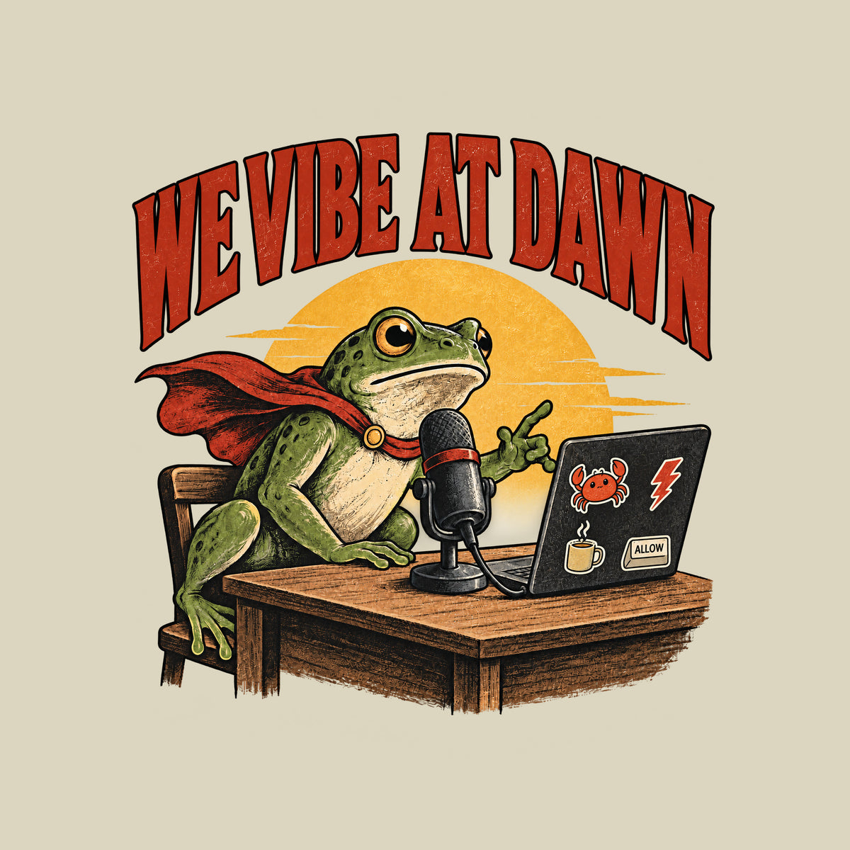 Illustrated frog wearing a red cape sits at a wooden desk before a microphone, one hand raised, beside a laptop with crab, lightning bolt, coffee mug and ALLOW stickers, under a yellow dawn sun and the arched red headline WE VIBE AT DAWN. Artwork shown on the Natural garment colour.