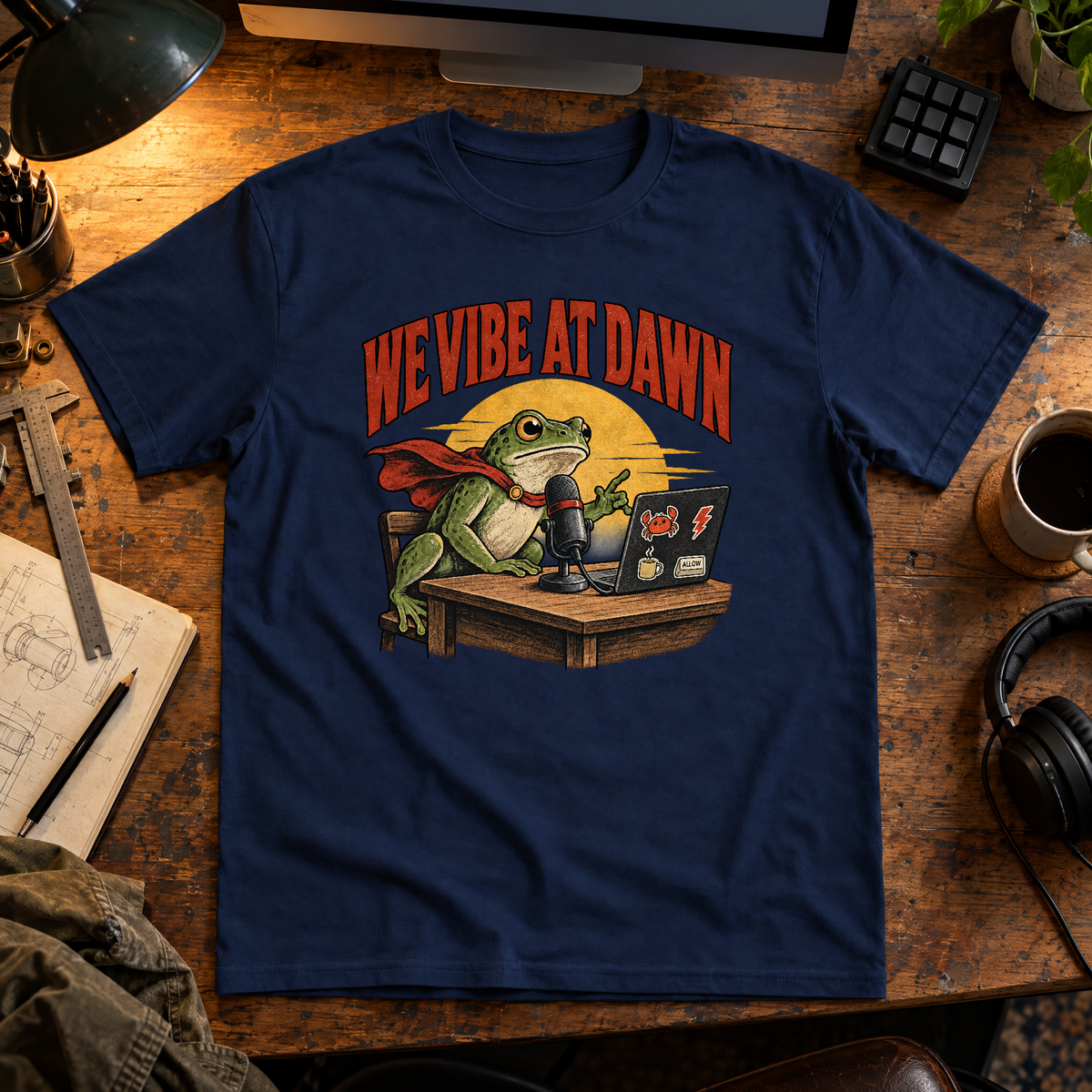 Illustrated frog wearing a red cape sits at a wooden desk before a microphone, one hand raised, beside a laptop with crab, lightning bolt, coffee mug and ALLOW stickers, under a yellow dawn sun and the arched red headline WE VIBE AT DAWN. Shown on the Navy tee.