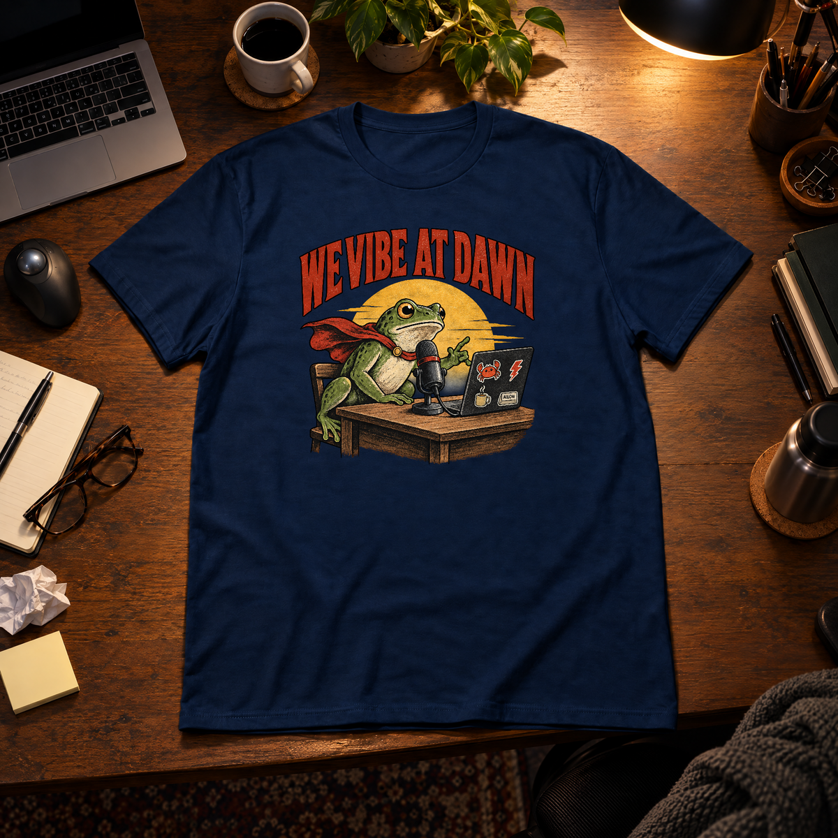 Illustrated frog wearing a red cape sits at a wooden desk before a microphone, one hand raised, beside a laptop with crab, lightning bolt, coffee mug and ALLOW stickers, under a yellow dawn sun and the arched red headline WE VIBE AT DAWN. Shown on the Navy tee.