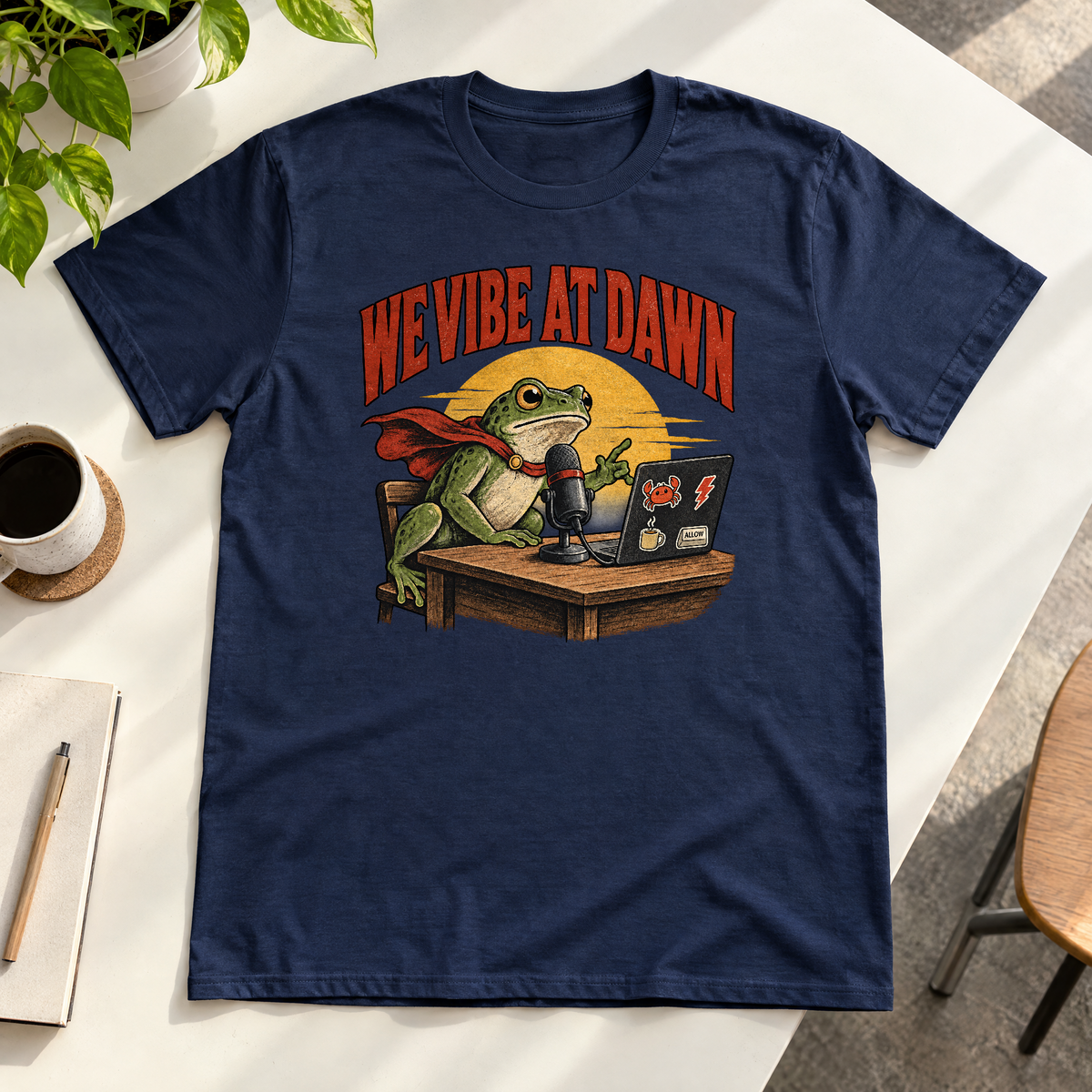 Illustrated frog wearing a red cape sits at a wooden desk before a microphone, one hand raised, beside a laptop with crab, lightning bolt, coffee mug and ALLOW stickers, under a yellow dawn sun and the arched red headline WE VIBE AT DAWN. Shown on the Navy tee.