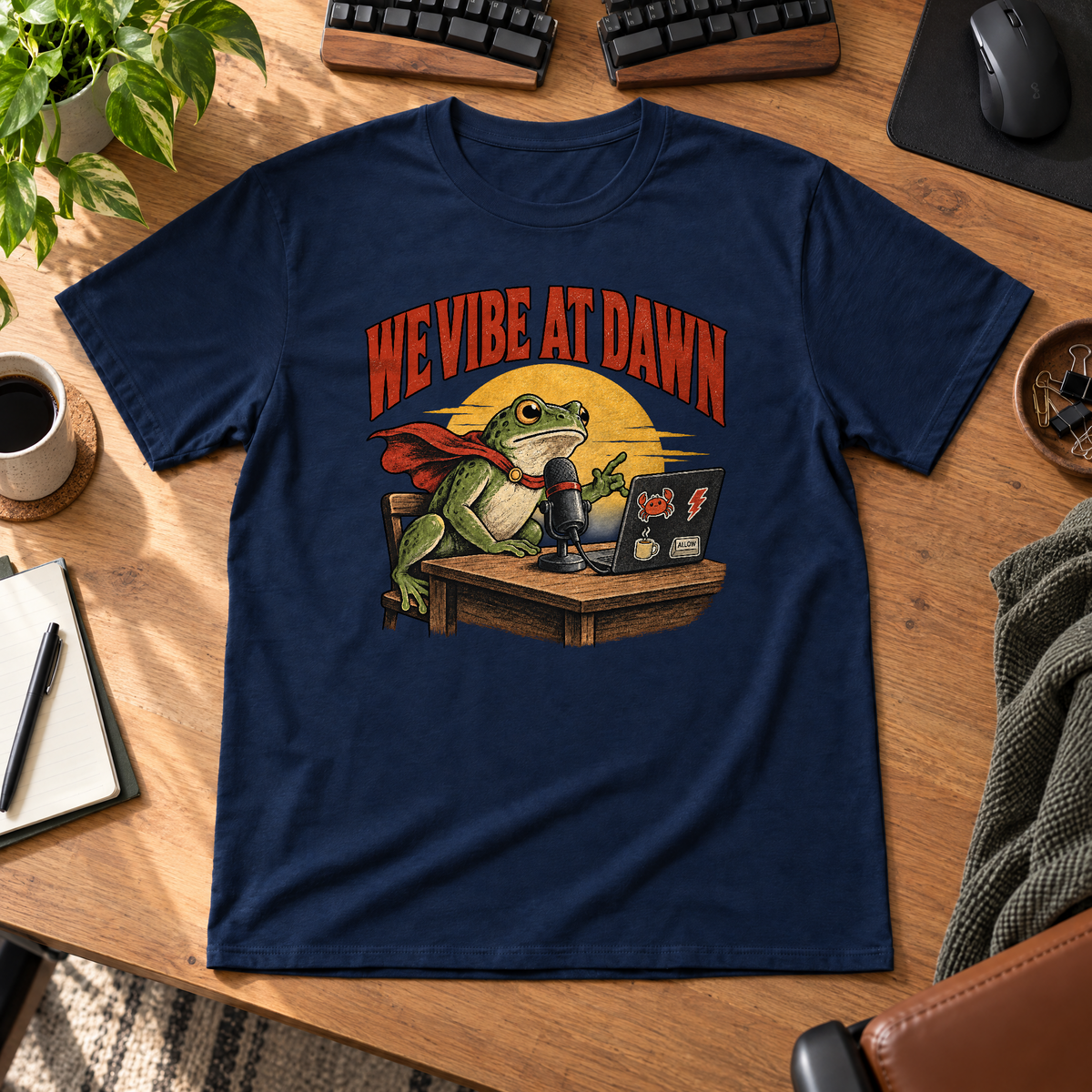 Illustrated frog wearing a red cape sits at a wooden desk before a microphone, one hand raised, beside a laptop with crab, lightning bolt, coffee mug and ALLOW stickers, under a yellow dawn sun and the arched red headline WE VIBE AT DAWN. Shown on the Navy tee.