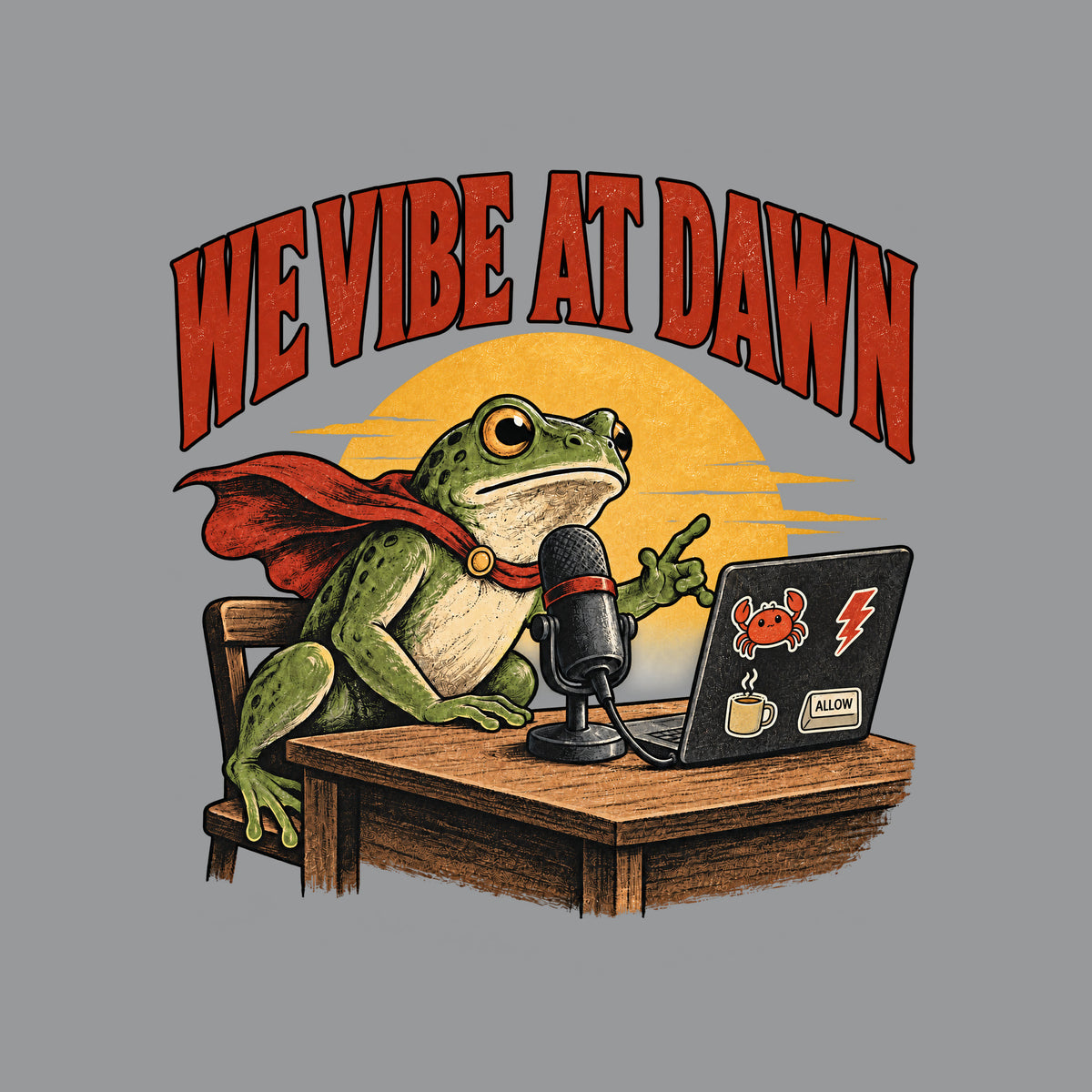 Illustrated frog wearing a red cape sits at a wooden desk before a microphone, one hand raised, beside a laptop with crab, lightning bolt, coffee mug and ALLOW stickers, under a yellow dawn sun and the arched red headline WE VIBE AT DAWN. Artwork shown on the Sport Grey garment colour.