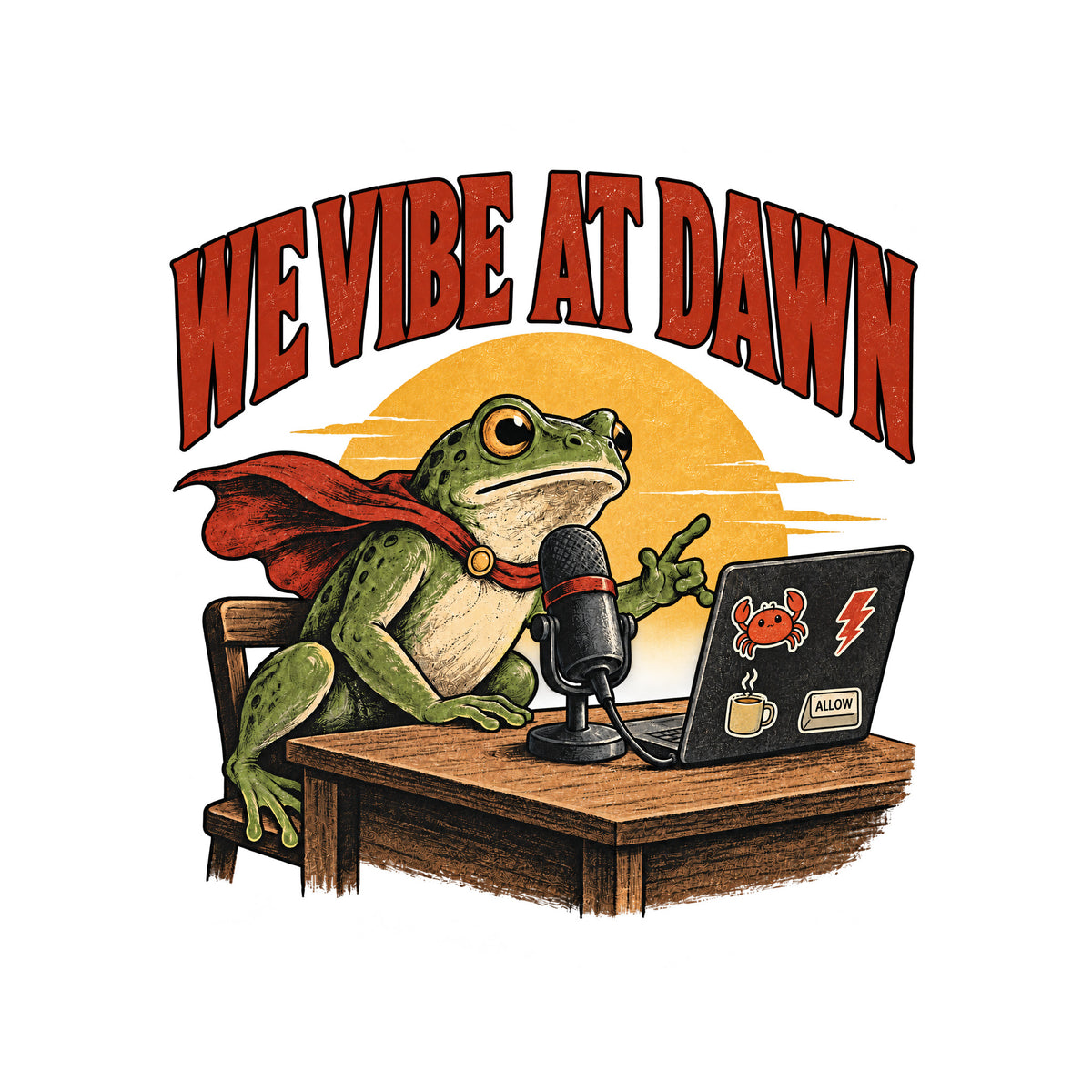 Illustrated frog wearing a red cape sits at a wooden desk before a microphone, one hand raised, beside a laptop with crab, lightning bolt, coffee mug and ALLOW stickers, under a yellow dawn sun and the arched red headline WE VIBE AT DAWN. Artwork shown on the White garment colour.