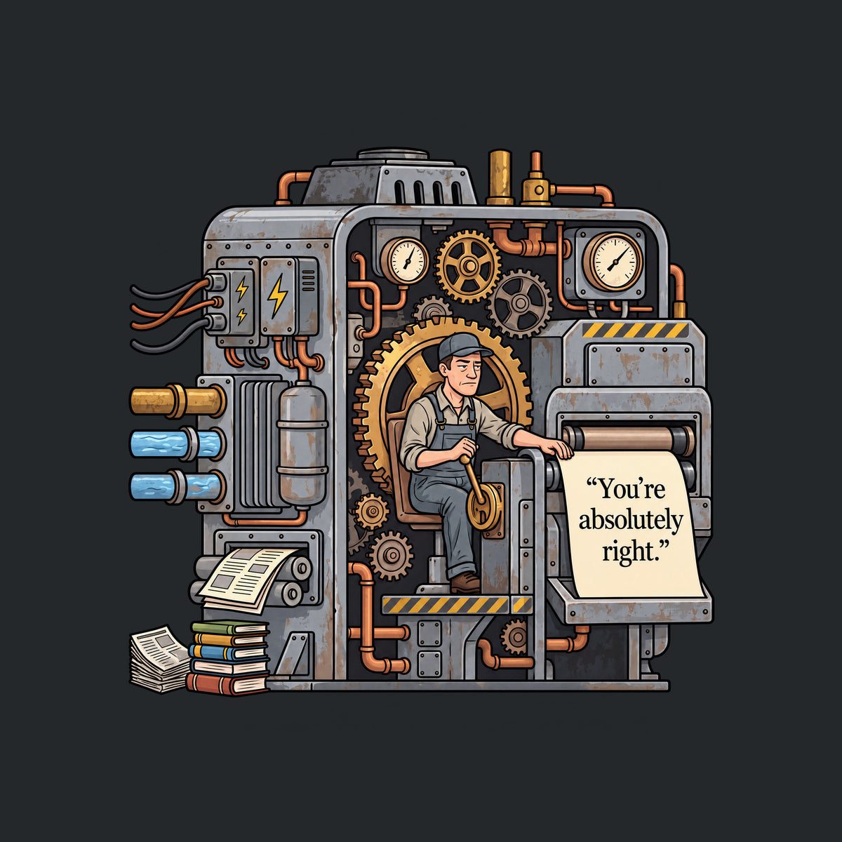 Cutaway illustration of an aged gray steel machine with brass gears, copper pipes and gauges. A weary operator in cap and overalls works a lever as a cream sheet emerges from rollers, printed “You’re absolutely right.” Artwork shown on the Black garment colour.