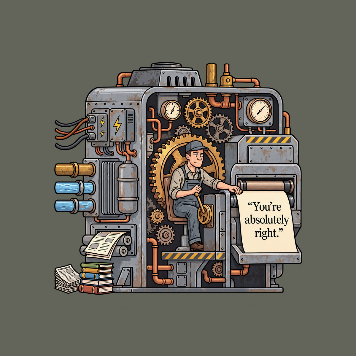 Cutaway illustration of an aged gray steel machine with brass gears, copper pipes and gauges. A weary operator in cap and overalls works a lever as a cream sheet emerges from rollers, printed “You’re absolutely right.” Artwork shown on the Military Green garment colour.