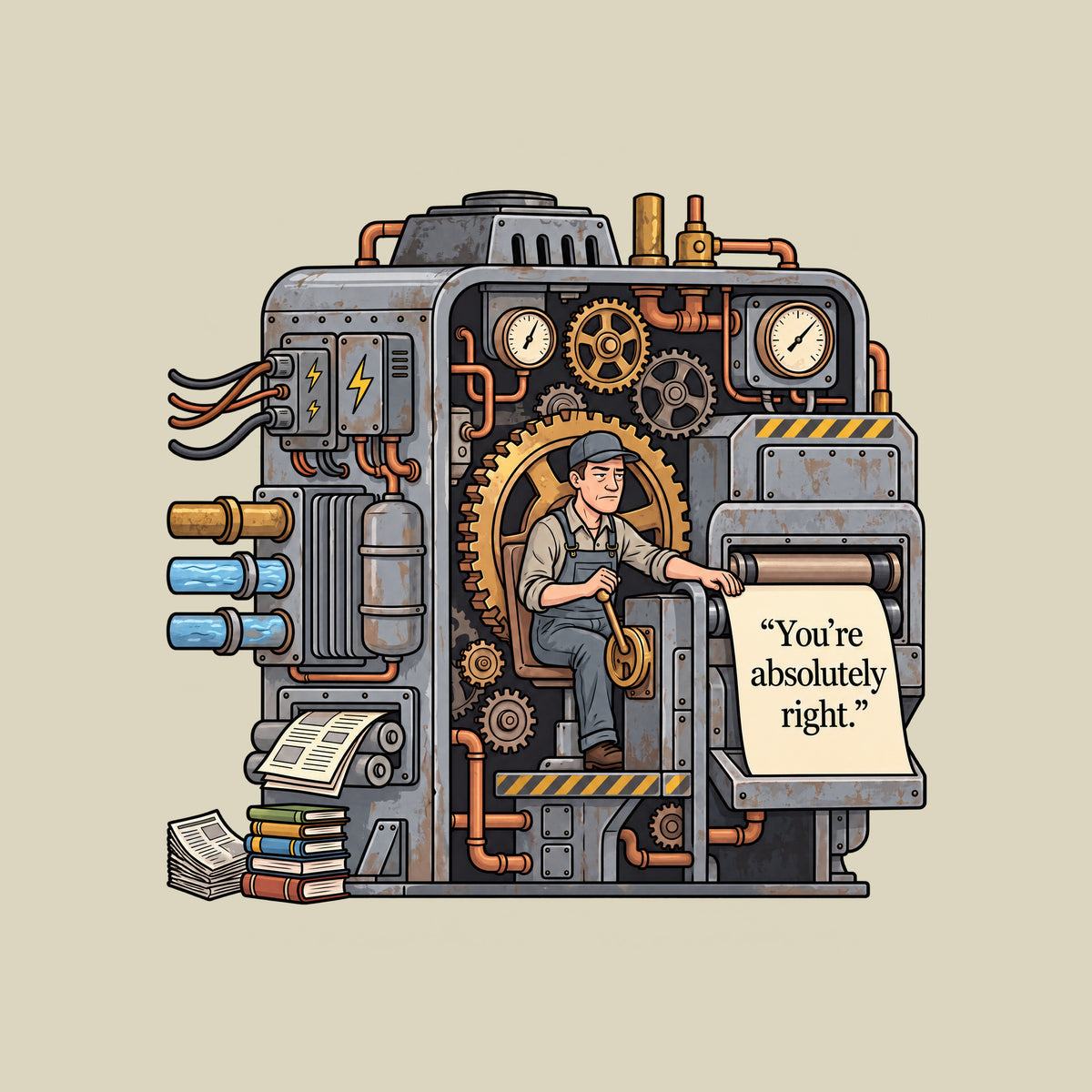 Cutaway illustration of an aged gray steel machine with brass gears, copper pipes and gauges. A weary operator in cap and overalls works a lever as a cream sheet emerges from rollers, printed “You’re absolutely right.” Artwork shown on the Natural garment colour.