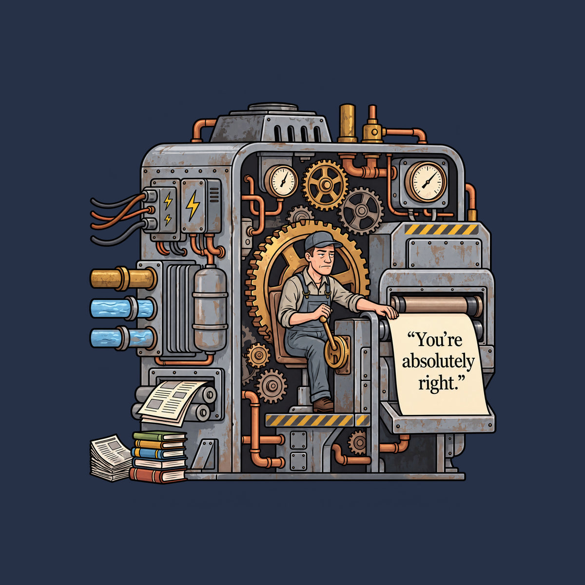 Cutaway illustration of an aged gray steel machine with brass gears, copper pipes and gauges. A weary operator in cap and overalls works a lever as a cream sheet emerges from rollers, printed “You’re absolutely right.” Artwork shown on the Navy garment colour.