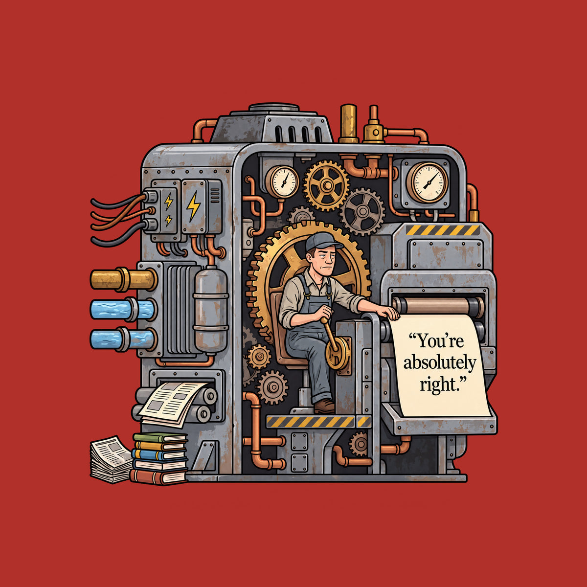Cutaway illustration of an aged gray steel machine with brass gears, copper pipes and gauges. A weary operator in cap and overalls works a lever as a cream sheet emerges from rollers, printed “You’re absolutely right.” Artwork shown on the Red garment colour.