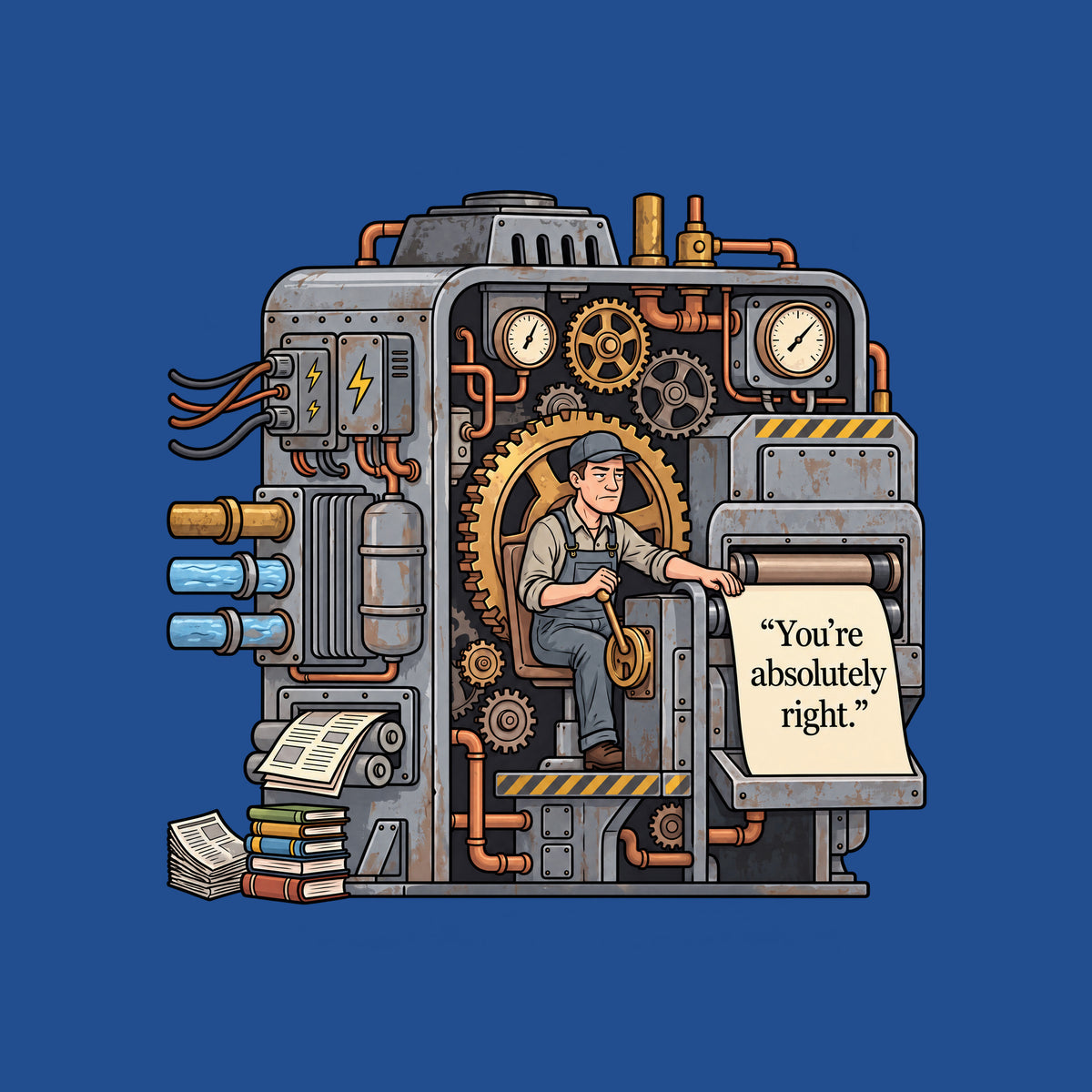 Cutaway illustration of an aged gray steel machine with brass gears, copper pipes and gauges. A weary operator in cap and overalls works a lever as a cream sheet emerges from rollers, printed “You’re absolutely right.” Artwork shown on the Royal garment colour.