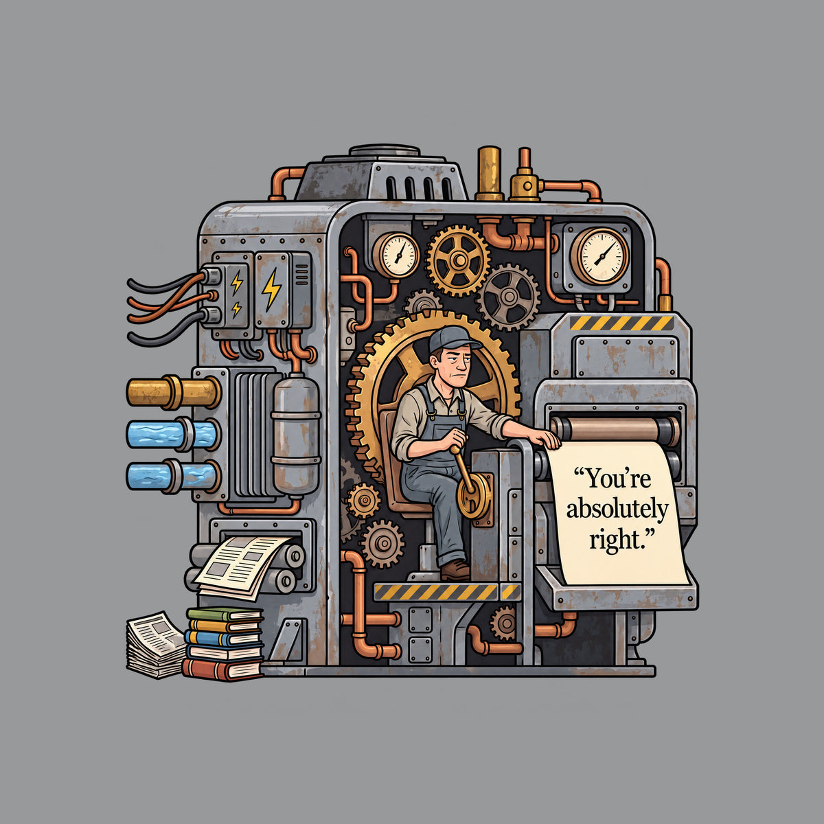 Cutaway illustration of an aged gray steel machine with brass gears, copper pipes and gauges. A weary operator in cap and overalls works a lever as a cream sheet emerges from rollers, printed “You’re absolutely right.” Artwork shown on the Sport Grey garment colour.
