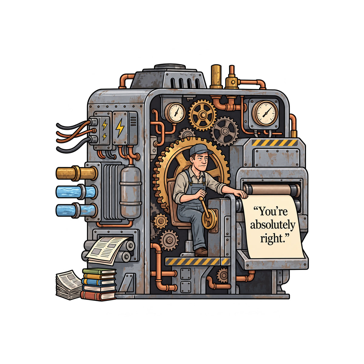 Cutaway illustration of an aged gray steel machine with brass gears, copper pipes and gauges. A weary operator in cap and overalls works a lever as a cream sheet emerges from rollers, printed “You’re absolutely right.” Artwork shown on the White garment colour.